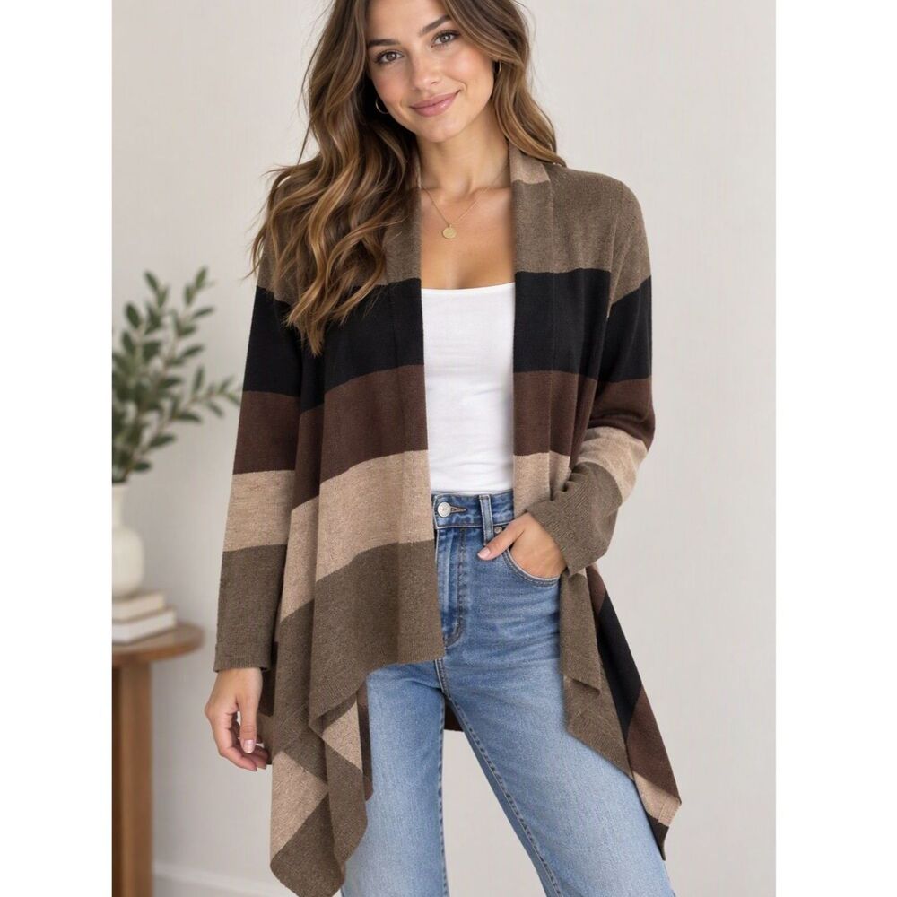 Marisa Christina Merino Wool Drape Open Cardigan Sweater M Brown Blk Stripe Boho